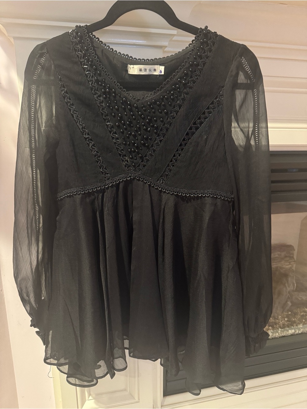Black Beaded Sheer Peplum Blouse by Unbranded